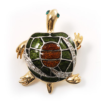 Small Enamel Crystal Turtle Brooch (Green&Brown)