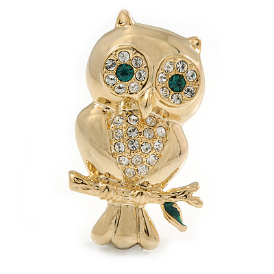 Gold Tone Crystal Owl Brooch