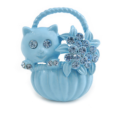 Kitten In The Basket Crystal Brooch (Light Blue)