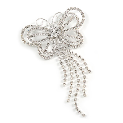 Striking Diamante Butterfly With Dangling Tail Brooch - main view