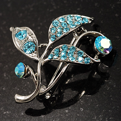 Small Crystal Floral Brooch (Silver&Sky Blue)