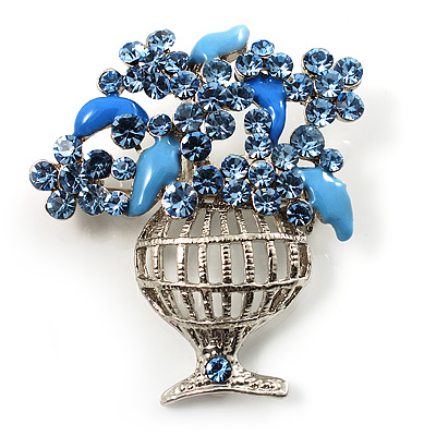 Blue Crystal Flower Basket Brooch
