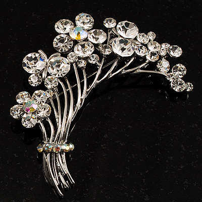 Flower And Butterfly Cluster Crystal Brooch (Clear)