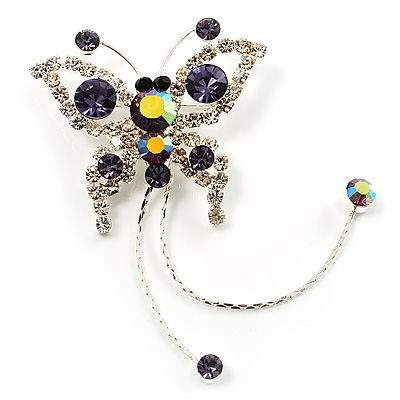 Purple Crystal Butterfly With Dangling Tail Brooch - main view