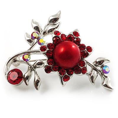 Faux Pearl Floral Brooch (Hot Red)