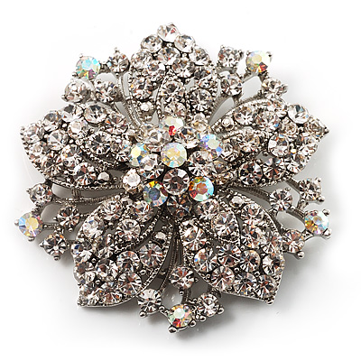 Victorian Corsage Flower Brooch (Silver & Clear Crystals)