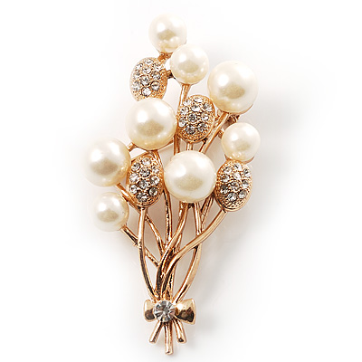 Faux Pearl Floral Brooch (Gold & White)