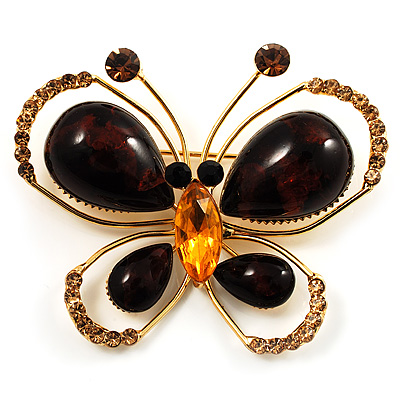 Brown Resin Stone, Citrine Crystal Butterfly Brooch In Gold Tone Metal - main view