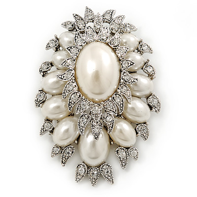 Oversized Vintage Corsage Faux Pearl Brooch (Light Cream) - 75mm Tall