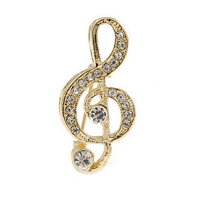 Small Gold Tone Crystal Music Treble Clef Brooch - 35mm L