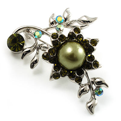 Faux Pearl Floral Brooch (Silver&Olive Green)