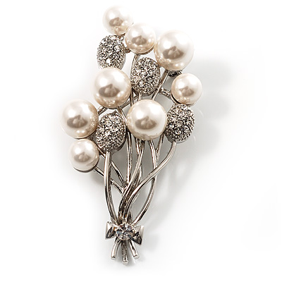Faux Pearl Floral Brooch (Silver & White)