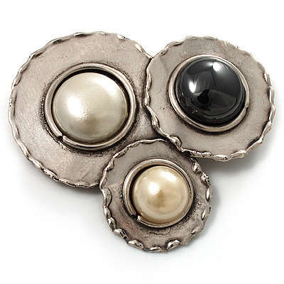 Three Rounds with Black, Light Cream and White Stones Brooch