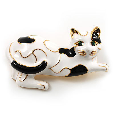 Little Kitty Black And White Enamel Brooch (Gold Tone)