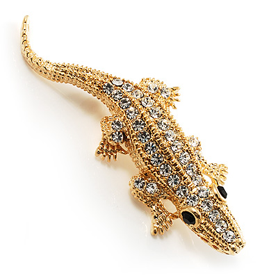 Small Crystal Crocodile Brooch (Gold Tone)