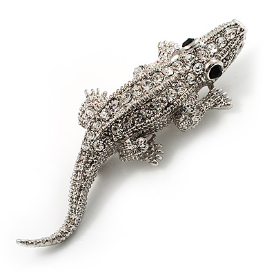 Small Crystal Crocodile Brooch (Silver Tone)