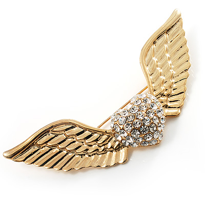 Crystal Heart And Wings Brooch (Gold Tone)