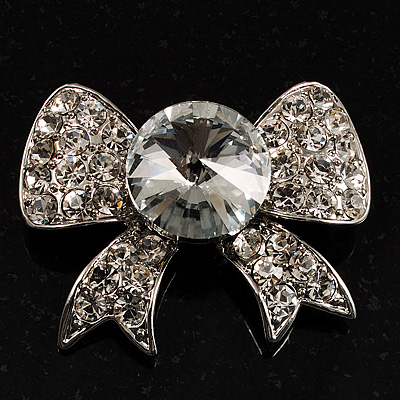 Smart Crystal Bow Brooch (Silver&Clear)