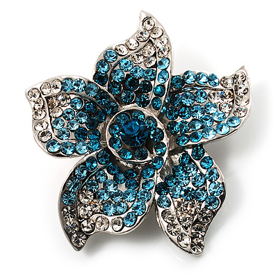 Small Sky Blue Diamante Flower Brooch (Silver Tone)
