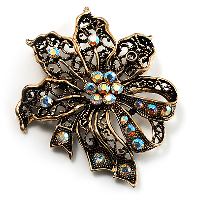 Bronze-Tone Vintage Filigree Floral Brooch