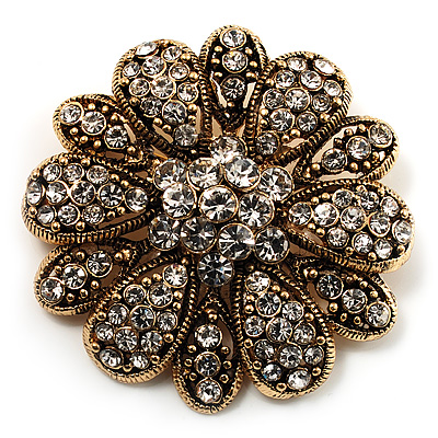 Vintage Clear Crystal Floral Brooch in Aged Gold Tone Metal - 40mm D