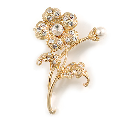 Exquisite Crystal Flower Brooch (Gold Tone)