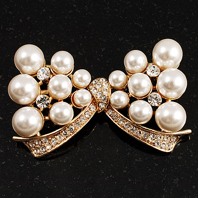 Imitation Pearl Diamante Bow Brooch (Gold Tone)