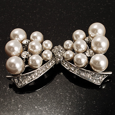Imitation Pearl Diamante Bow Brooch (Silver Tone)