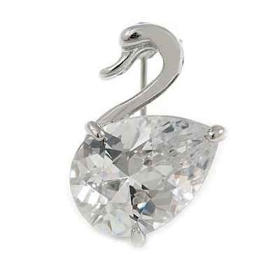 Tiny Glass Swan Pin Brooch (Silver Tone)