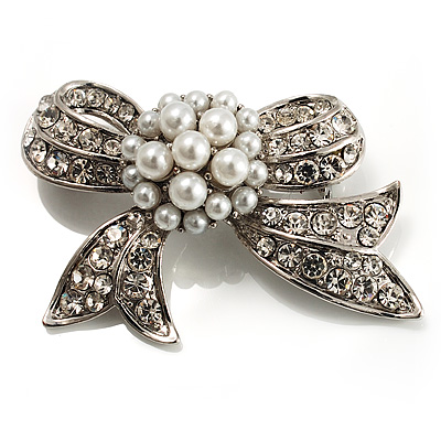 Small Crystal Faux Pearl Bow Brooch - main view