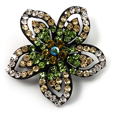 Five Petal Diamante Floral Brooch (Black&Olive Green) - main view
