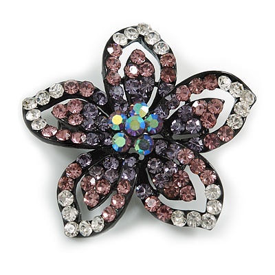Five Petal Diamante Floral Brooch (Black&Purple)