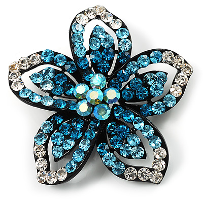 Five Petal Diamante Floral Brooch (Black&Blue) - main view