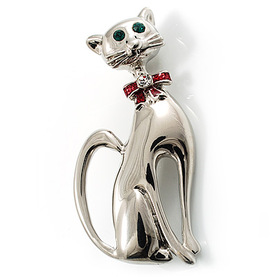 Silver Tone Cat With Red Bow