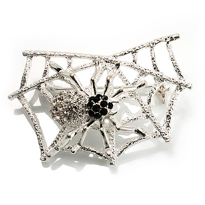 Silver Tone Spider And Web Diamante Brooch - main view