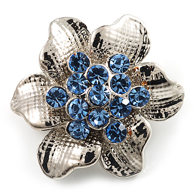 Tiny Blue Crystal Flower Pin Brooch