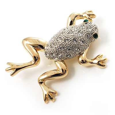 Crystal Leaping Frog Brooch (Gold Tone)
