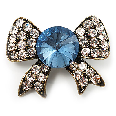 Vintage Crystal Bow Brooch (Antique Gold, Clear&Blue)