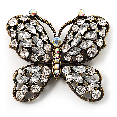 Antique Bronze Diamante Butterfly Brooch