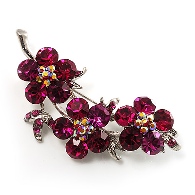 Statement Crystal Floral Brooch (Silver&Cranberry) - 55mm Across - main view