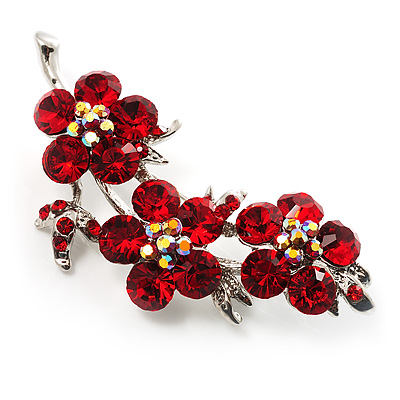Crystal Floral Brooch (Silver& Bright Red)