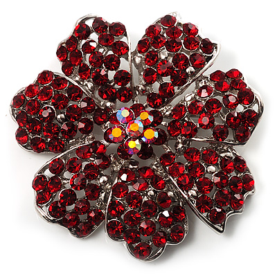 Hot Red Crystal Corsage Flower Brooch (Silver Tone)