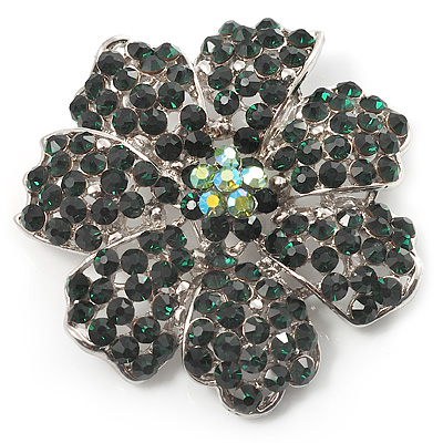 Emerald Green Crystal Corsage Flower Brooch (Silver Tone)