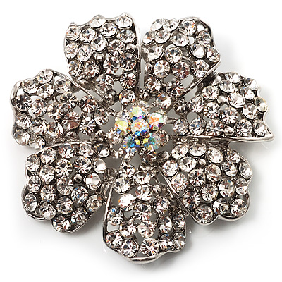 Clear Crystal Corsage Flower Brooch (Silver Tone) - main view