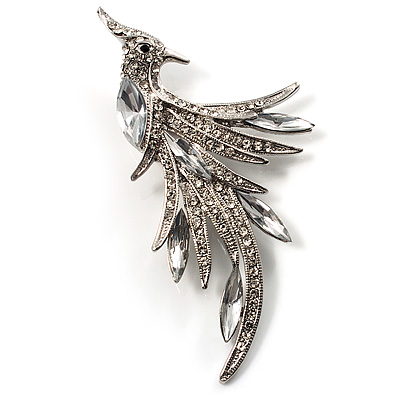 Sparkling Crystal Fire-Bird Brooch (Silver Tone)
