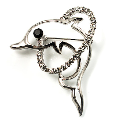 Cute Diamante Dolphin Brooch (Silver Tone)