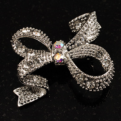 Contemporary Crystal Bow Brooch (Silver Tone) - main view