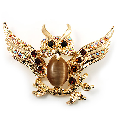Stunning Crystal Owl Brooch (Gold Tone)