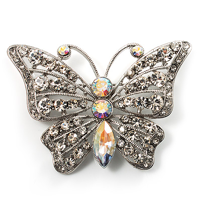 Diamante Filigree Butterfly Pin (Silver Tone)