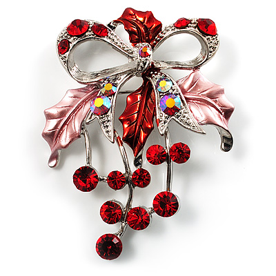 Red Crystal Grapes And Bow Brooch (Silver Tone)
